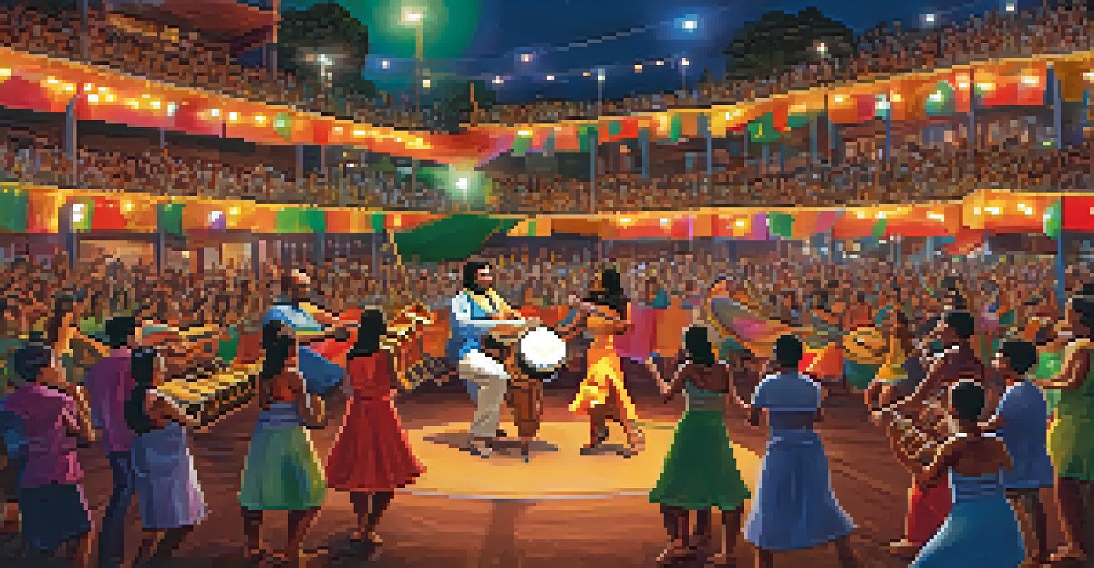 An ensemble of musicians performing Samba music, surrounded by colorful lights and an engaged audience.