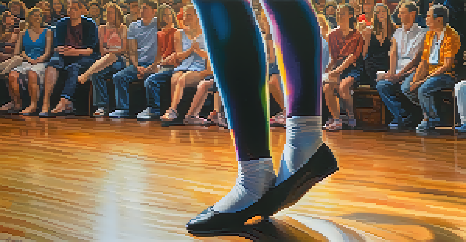 A close-up of colorful dance shoes in motion on a wooden stage, with blurred audience silhouettes in the background.