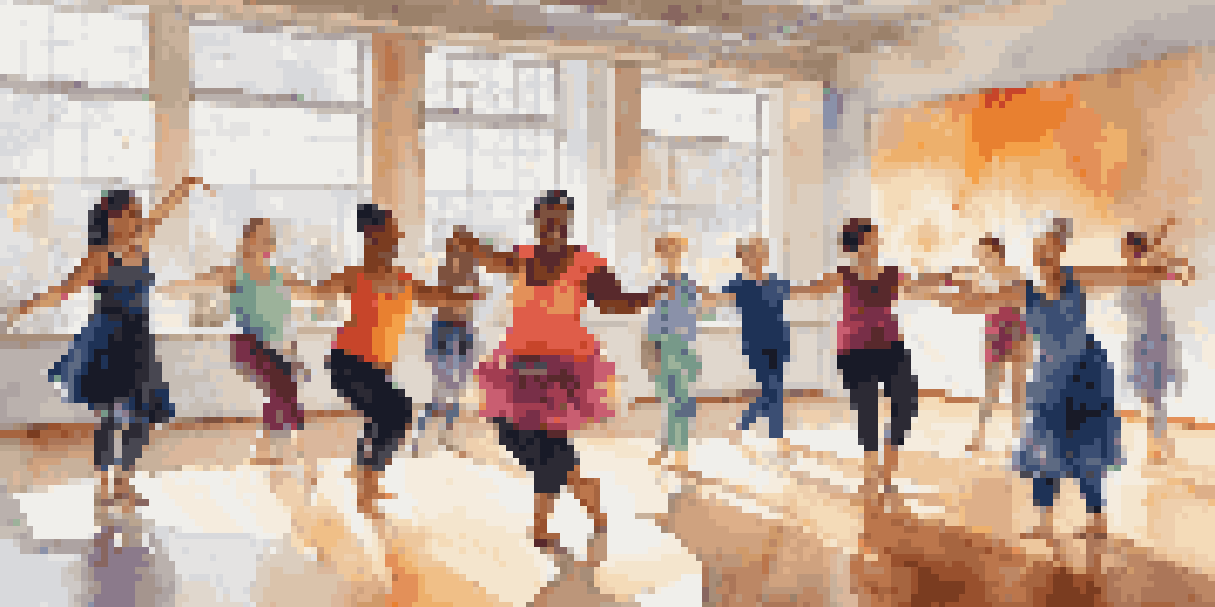 A diverse group of dancers in an adaptive dance class, showcasing joy and movement in a bright studio filled with colorful decorations and natural light.