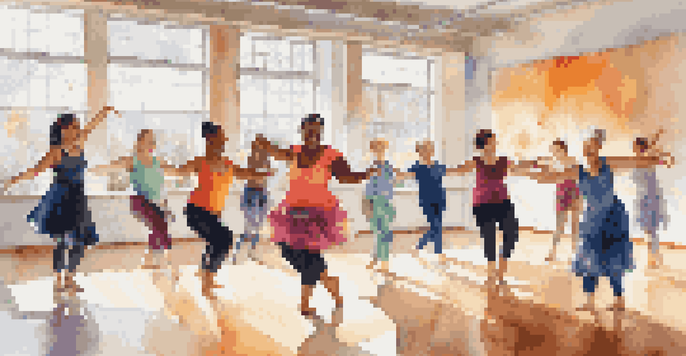 A diverse group of dancers in an adaptive dance class, showcasing joy and movement in a bright studio filled with colorful decorations and natural light.