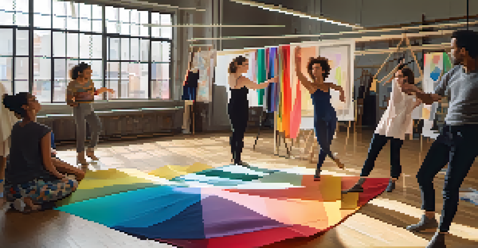 A choreographer demonstrating movements to a costume designer in a studio, filled with colorful fabrics and sketches, bathed in natural light.