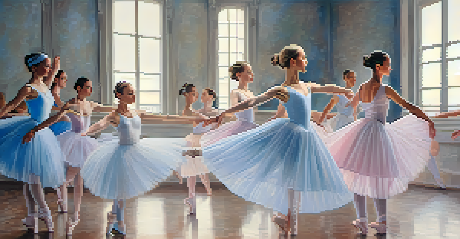 An artistic timeline depicting the evolution of ballet with scenes from different eras, set against a pastel-colored background.