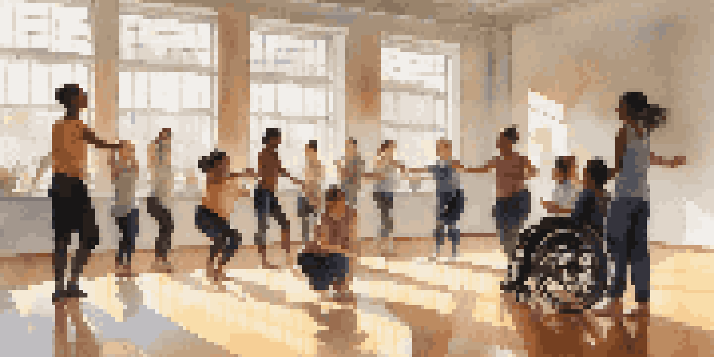 A dance instructor demonstrating a movement to a group of students in a bright studio, including a student in a wheelchair.