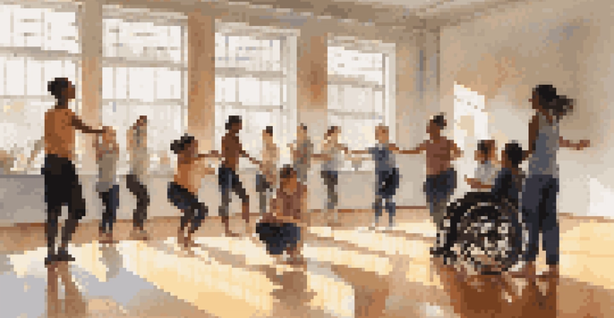 A dance instructor demonstrating a movement to a group of students in a bright studio, including a student in a wheelchair.