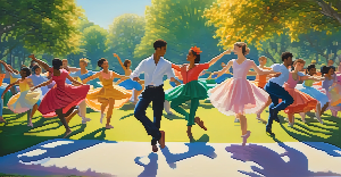A colorful outdoor dance scene with diverse dancers in motion, surrounded by nature.