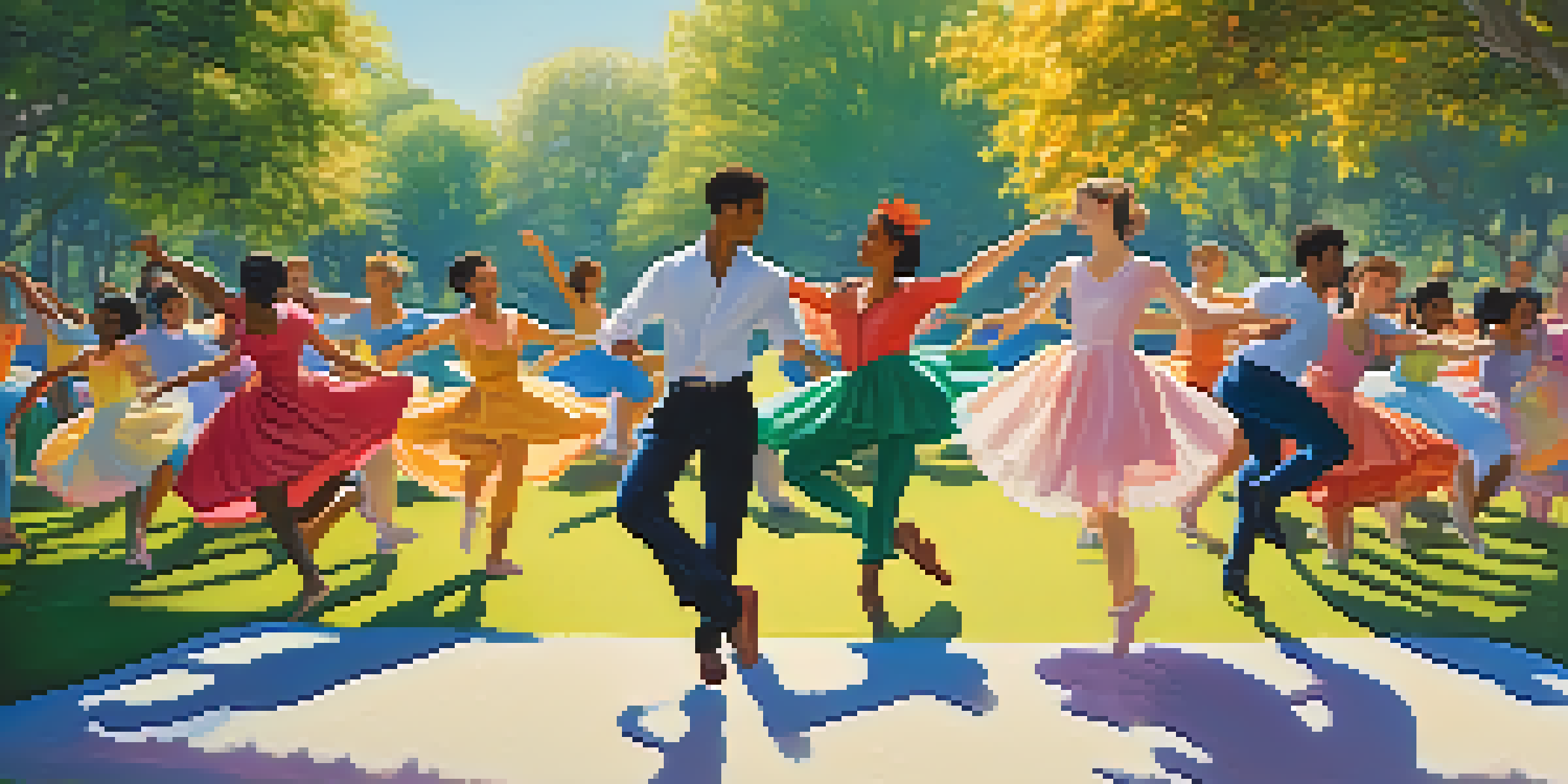 A colorful outdoor dance scene with diverse dancers in motion, surrounded by nature.