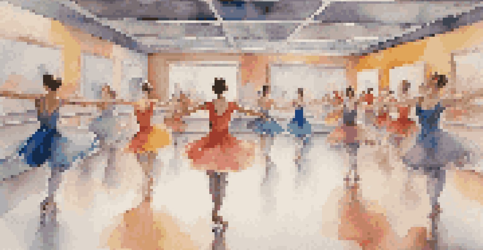 A group of dancers practicing a synchronized routine in a brightly lit dance studio with mirrors.