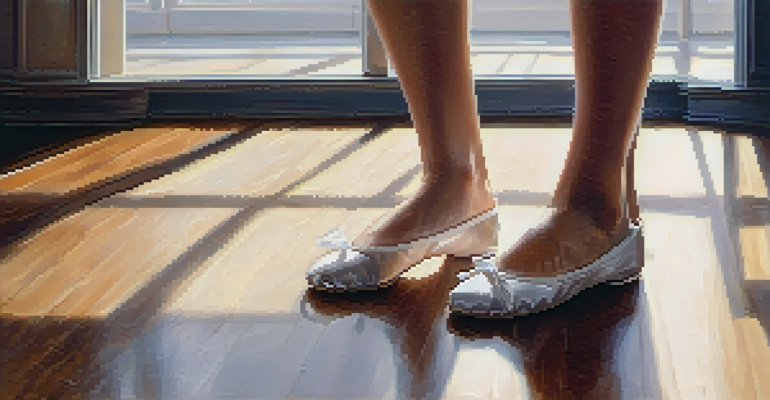 A close-up view of a ballet dancer's feet in shoes on a wooden floor, bathed in soft natural light.
