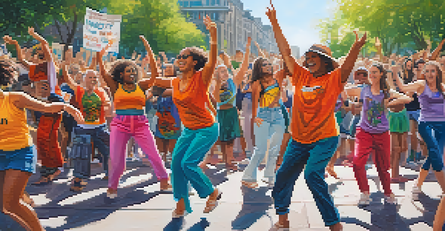 Community members participating in a flash mob in a public square, raising awareness about climate change through dance.