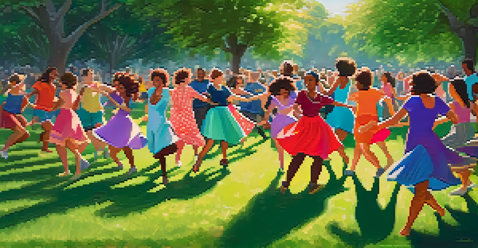 A group of diverse individuals engaged in a joyful dance therapy session outdoors in a park, surrounded by vibrant greenery and colorful clothing.