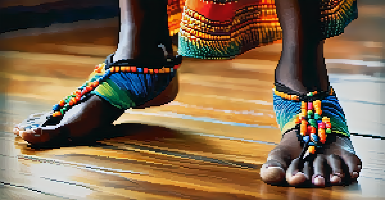 A close-up of a dancer's feet adorned with colorful anklets, dancing on a polished wooden floor, emphasizing traditional African dance.