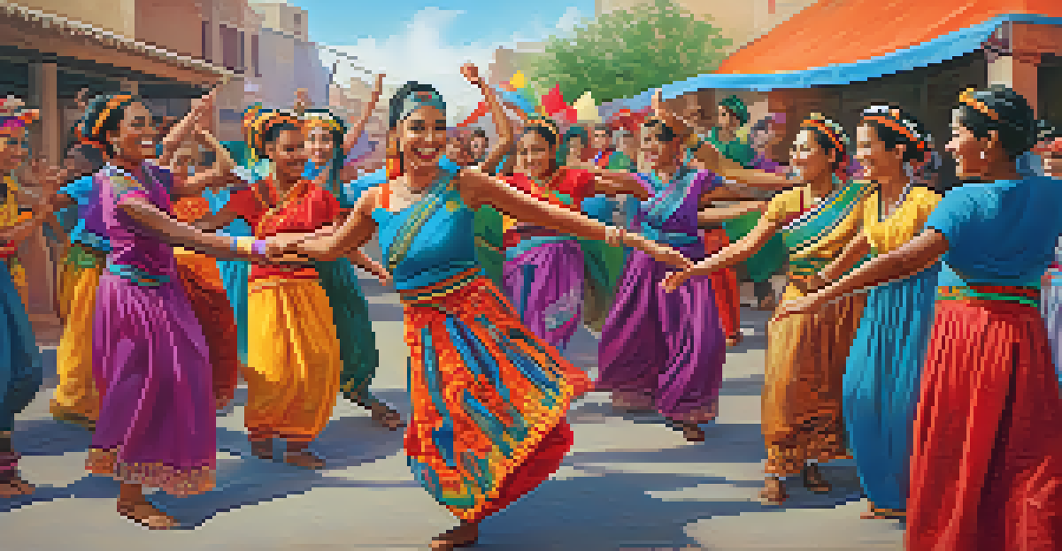 Participants enjoying a group dance in a workshop, dressed in colorful cultural attire, surrounded by banners celebrating diversity.