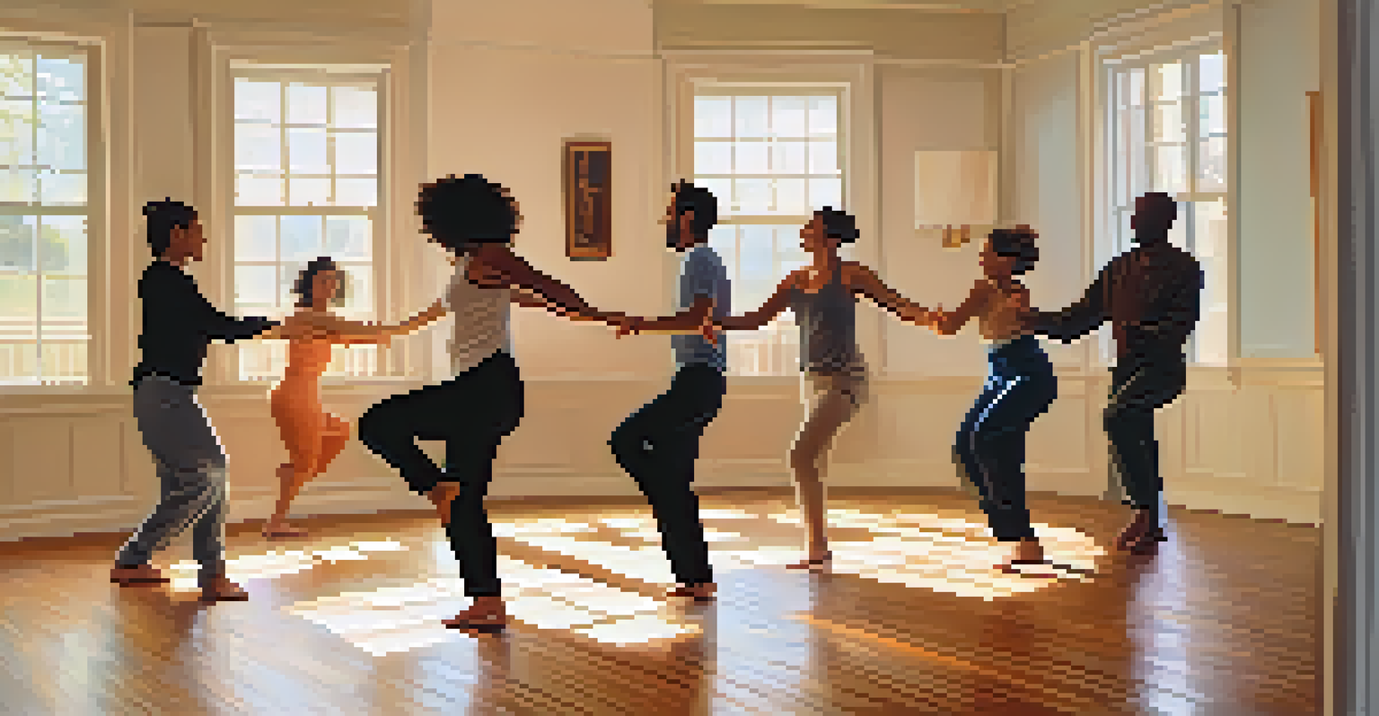 A group of individuals participating in a dance therapy session in a softly lit room, expressing emotions through movement with warm shadows on the walls.