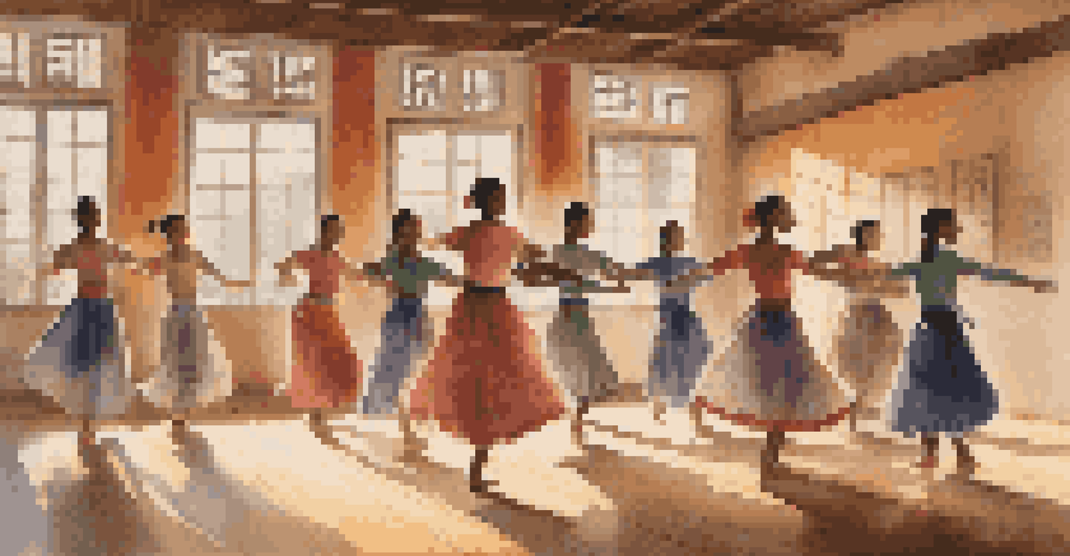 A group of young dancers practicing a folk dance in a warmly lit indoor space filled with cultural decorations.