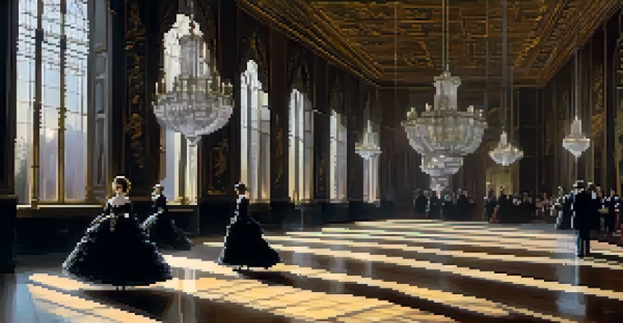 A Gothic ballroom with elegantly dressed characters participating in a haunting dance, illuminated by chandeliers and surrounded by shadows.