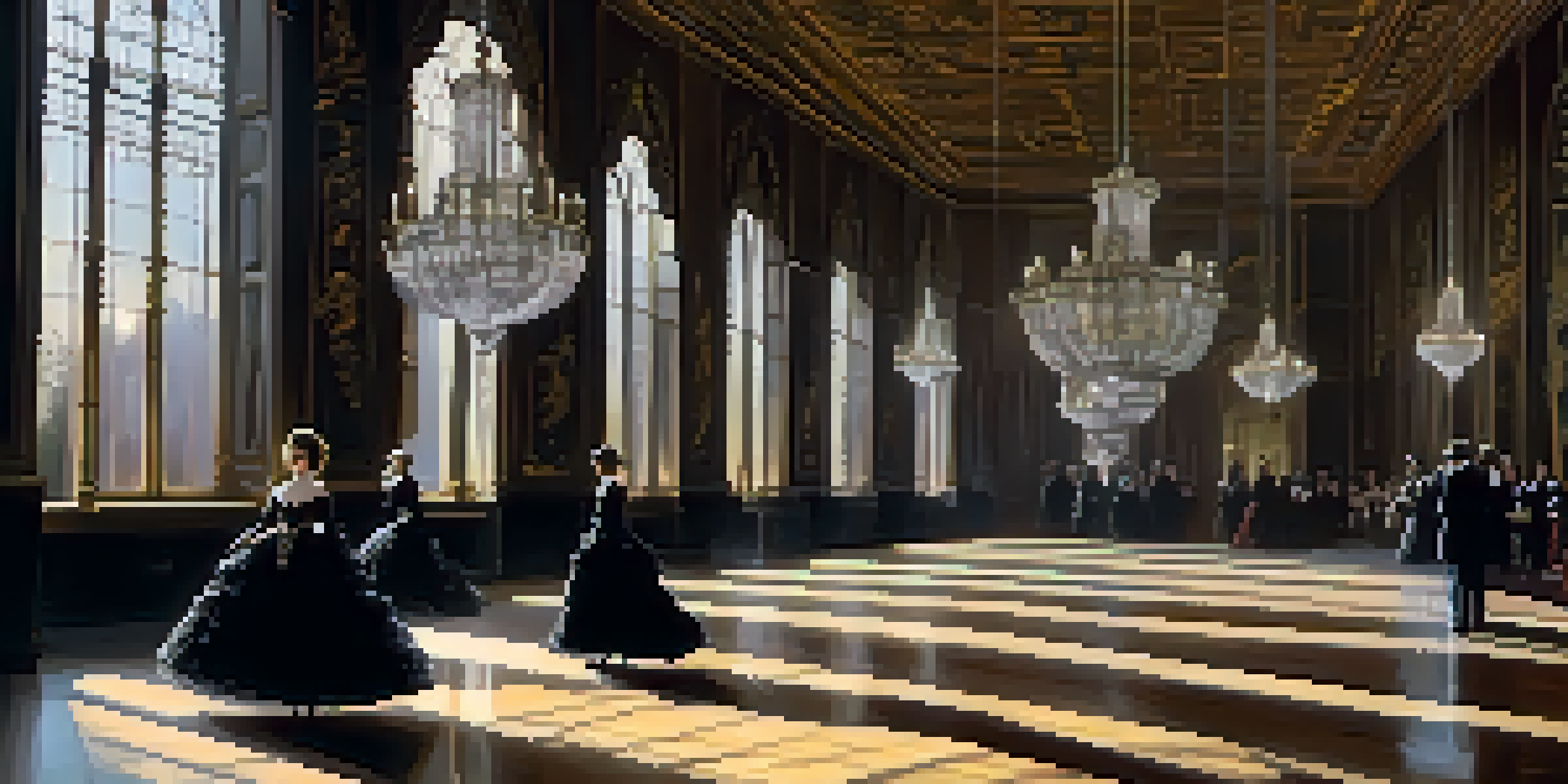 A Gothic ballroom with elegantly dressed characters participating in a haunting dance, illuminated by chandeliers and surrounded by shadows.