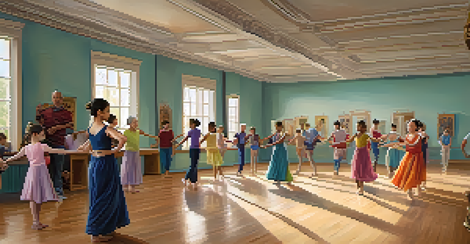An intergenerational dance class in a studio with young and senior dancers learning together and smiling.
