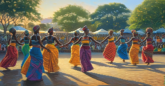 A traditional African dance performance in a village square at sunset, with colorful dancers and an engaged audience.