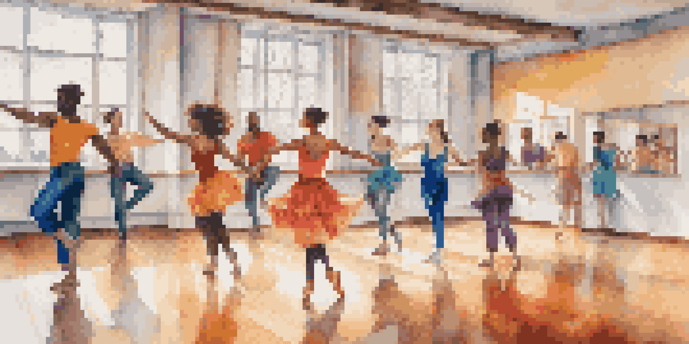 A dance studio with diverse dancers expressing joy and fluidity in their movements, surrounded by natural light and mirrors.