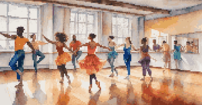 A dance studio with diverse dancers expressing joy and fluidity in their movements, surrounded by natural light and mirrors.