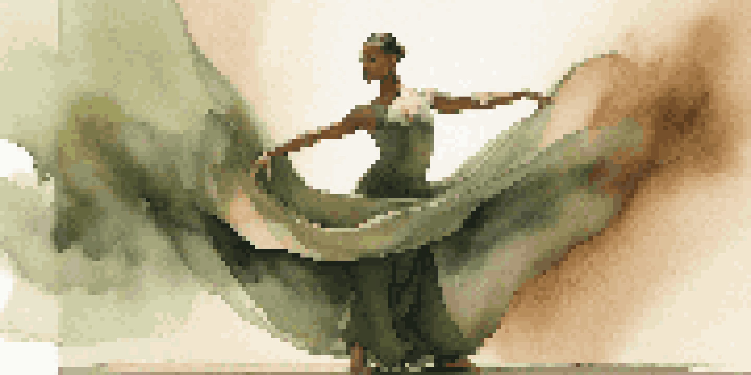A dancer in an earth-toned costume performing on stage with soft lighting, evoking a natural theme.