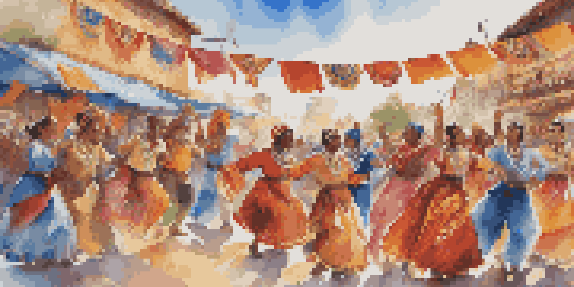 A lively dance festival with performers in colorful traditional costumes dancing under bright banners, surrounded by an enthusiastic crowd.