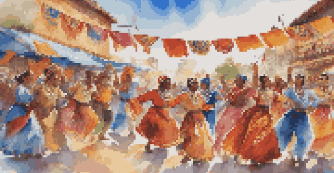 A lively dance festival with performers in colorful traditional costumes dancing under bright banners, surrounded by an enthusiastic crowd.