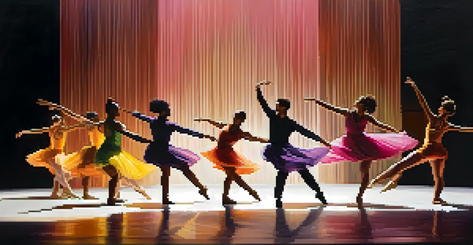 A group of diverse dancers performing contemporary dance on a minimalist stage with warm lighting, showcasing vibrant costumes and fluid movements.