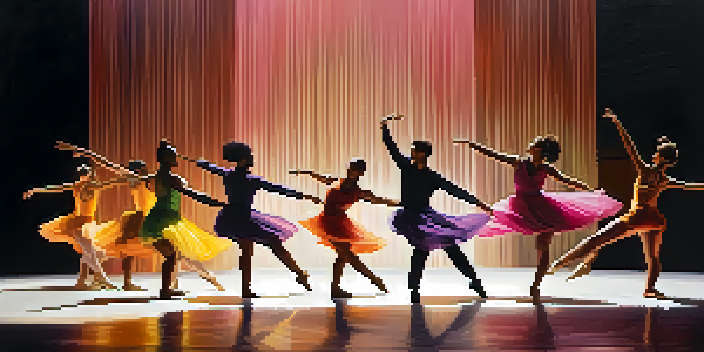 A group of diverse dancers performing contemporary dance on a minimalist stage with warm lighting, showcasing vibrant costumes and fluid movements.