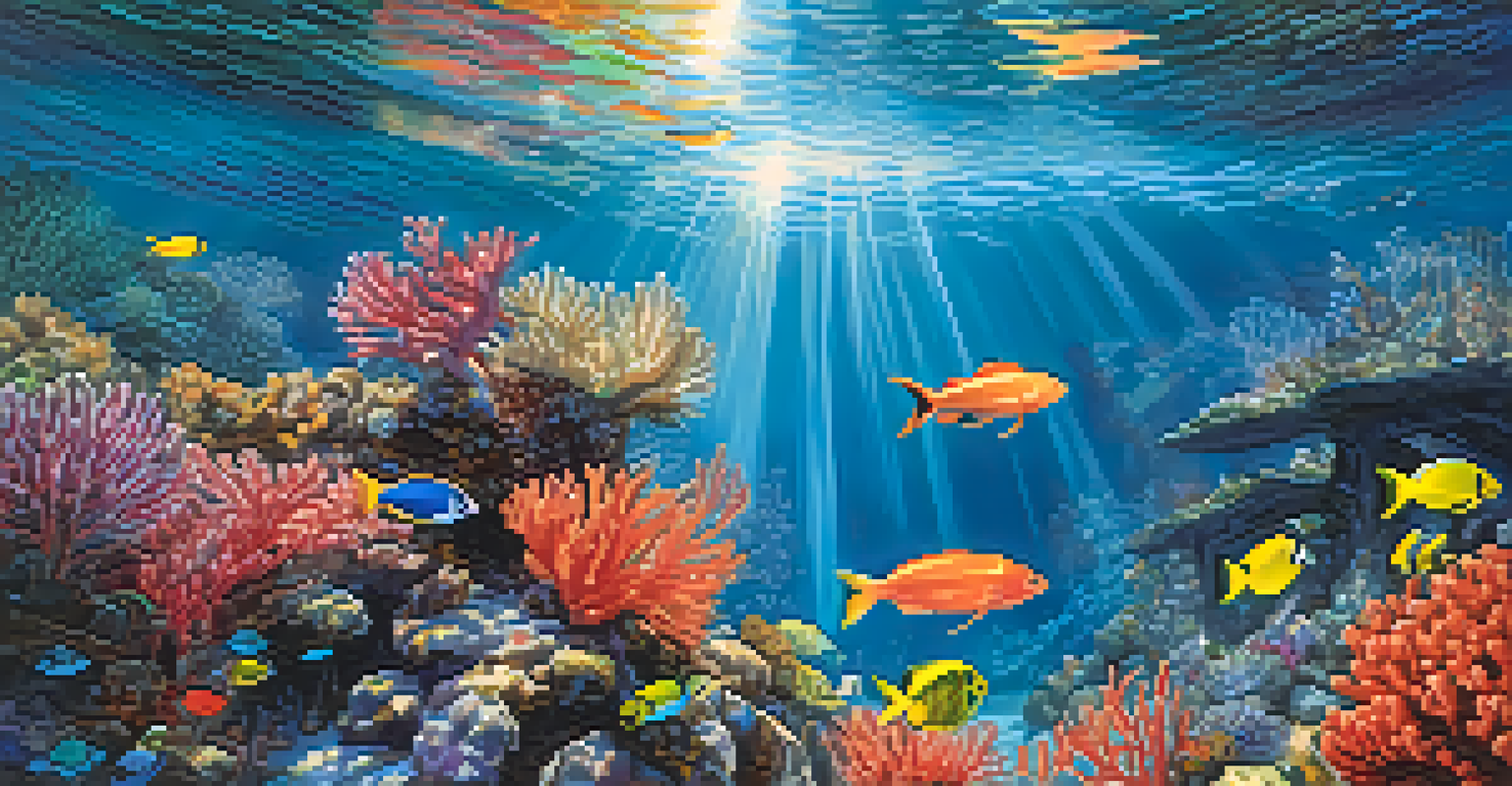 Dancers performing underwater among coral reefs, wearing colorful fabrics, with sunlight filtering through the water.