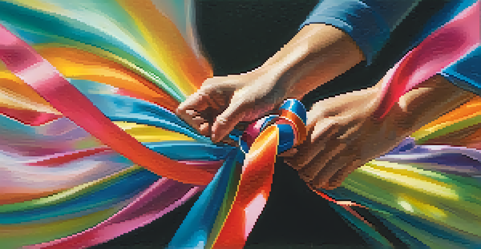 A close-up of hands gracefully holding a colorful dance ribbon, symbolizing creativity and movement in a dance studio.