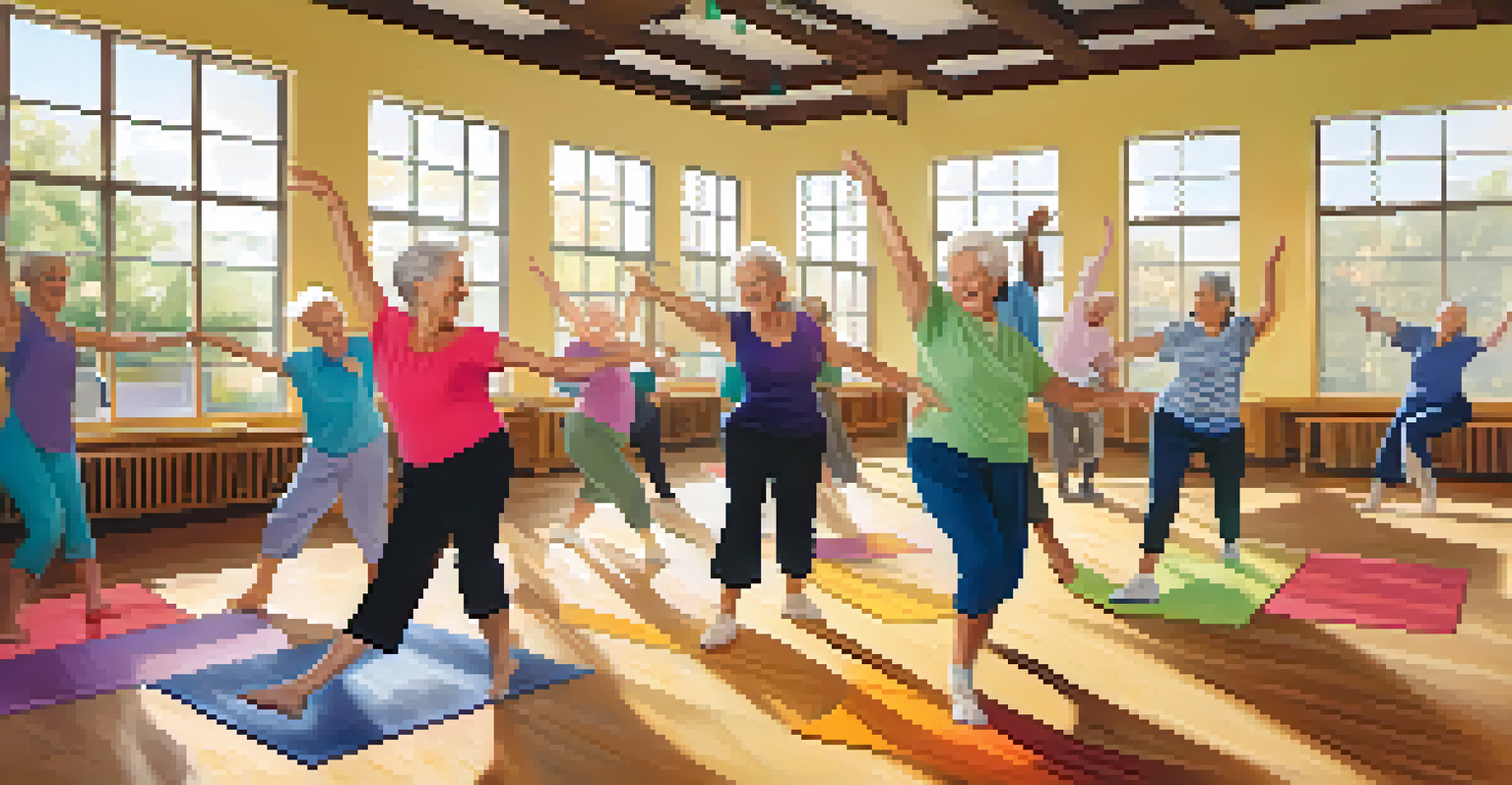 Seniors happily participating in a dance class, following an instructor in a bright and cheerful studio.