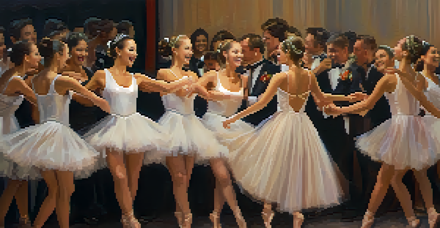 Dancers backstage at a competition, sharing laughter and support, with soft lighting highlighting their elegant costumes.