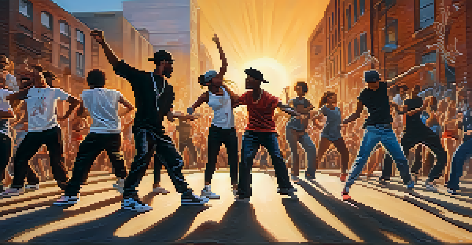 A street dance battle with dancers in action against a graffiti backdrop, highlighting their unique movements.