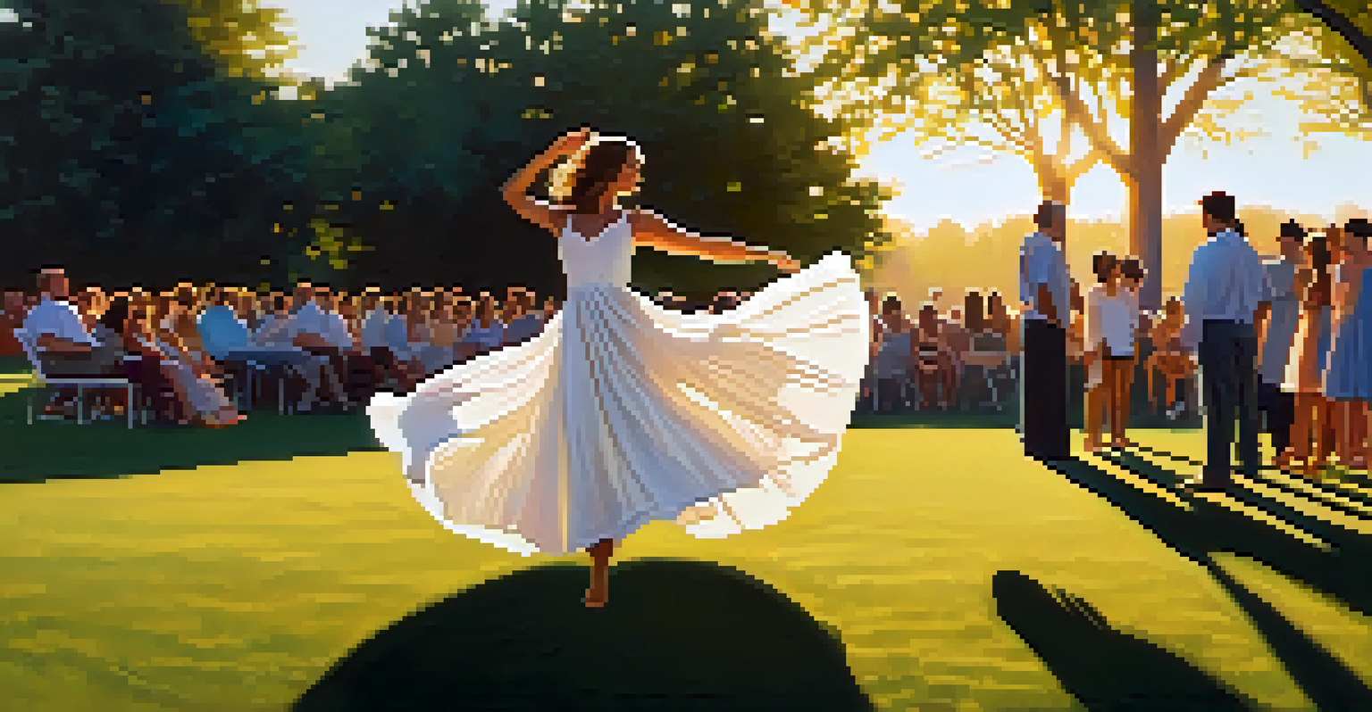 A dancer in a white dress performing in a park at sunset, with an audience watching in awe.