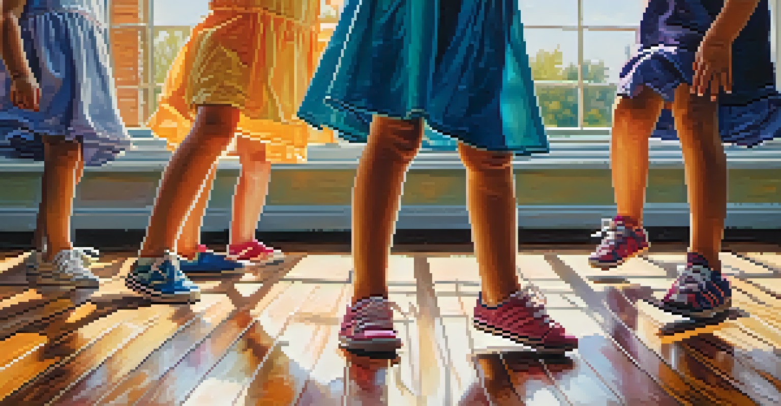 A close-up view of children's feet dancing energetically on a wooden floor, showcasing colorful sneakers and bare feet in a bright room.