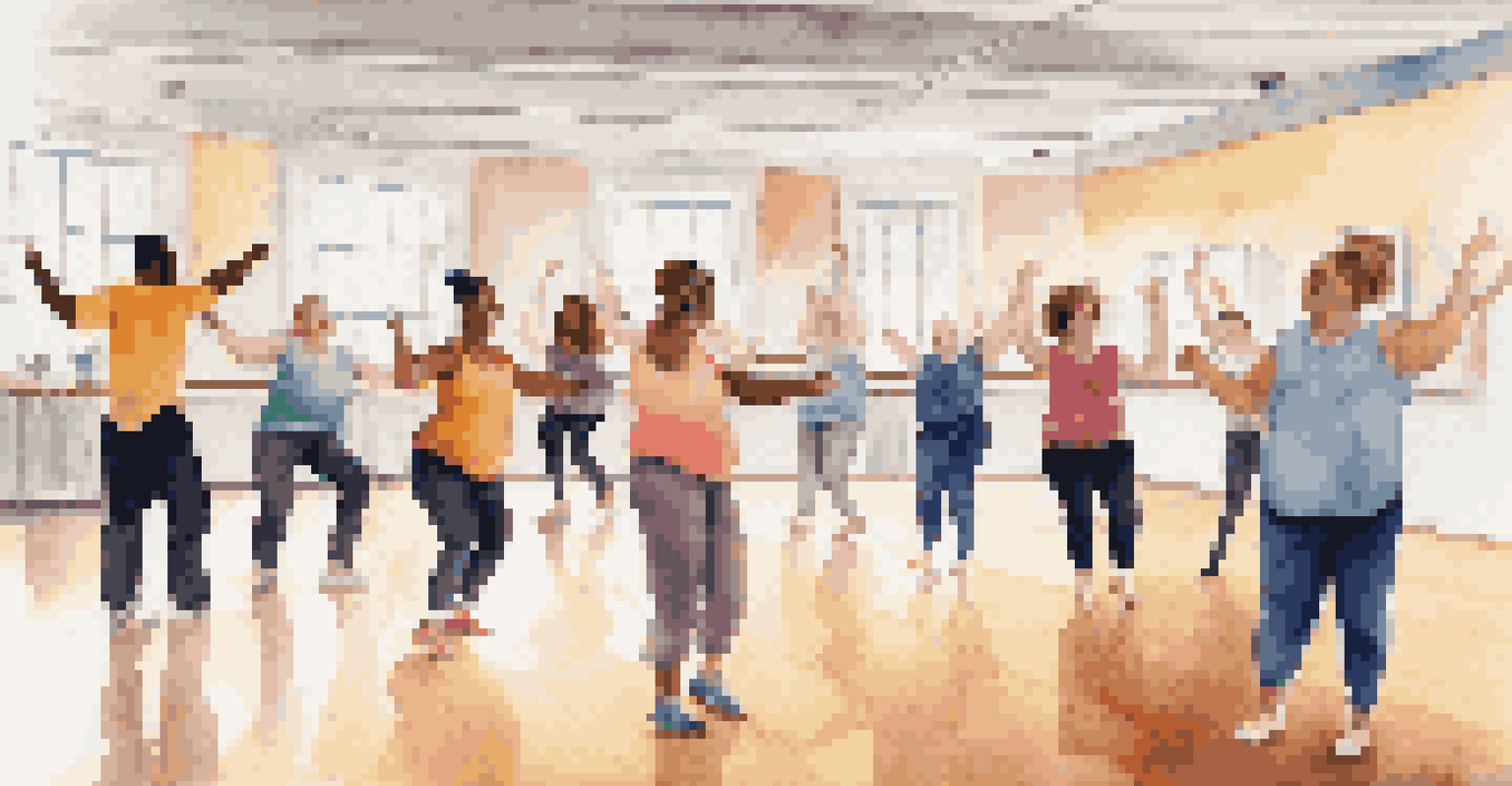 An inclusive dance class in a bright studio with individuals of varying abilities happily participating, led by an encouraging instructor.