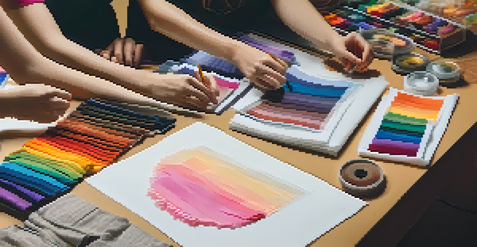 Hands working on colorful dance costumes with various fabric swatches and sewing materials.