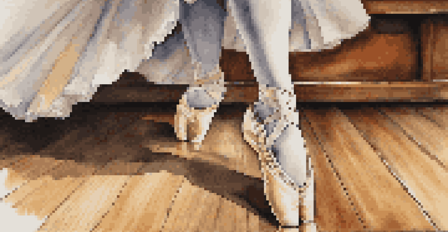 A close-up of a dancer's feet in traditional shoes on a wooden stage, with a blurred audience in the background.