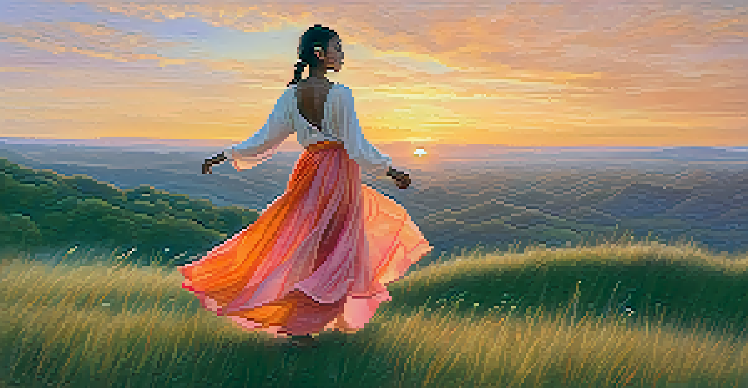 A young girl performing a traditional dance on a hilltop at sunset, with a colorful sky and flowing dress, symbolizing cultural heritage.