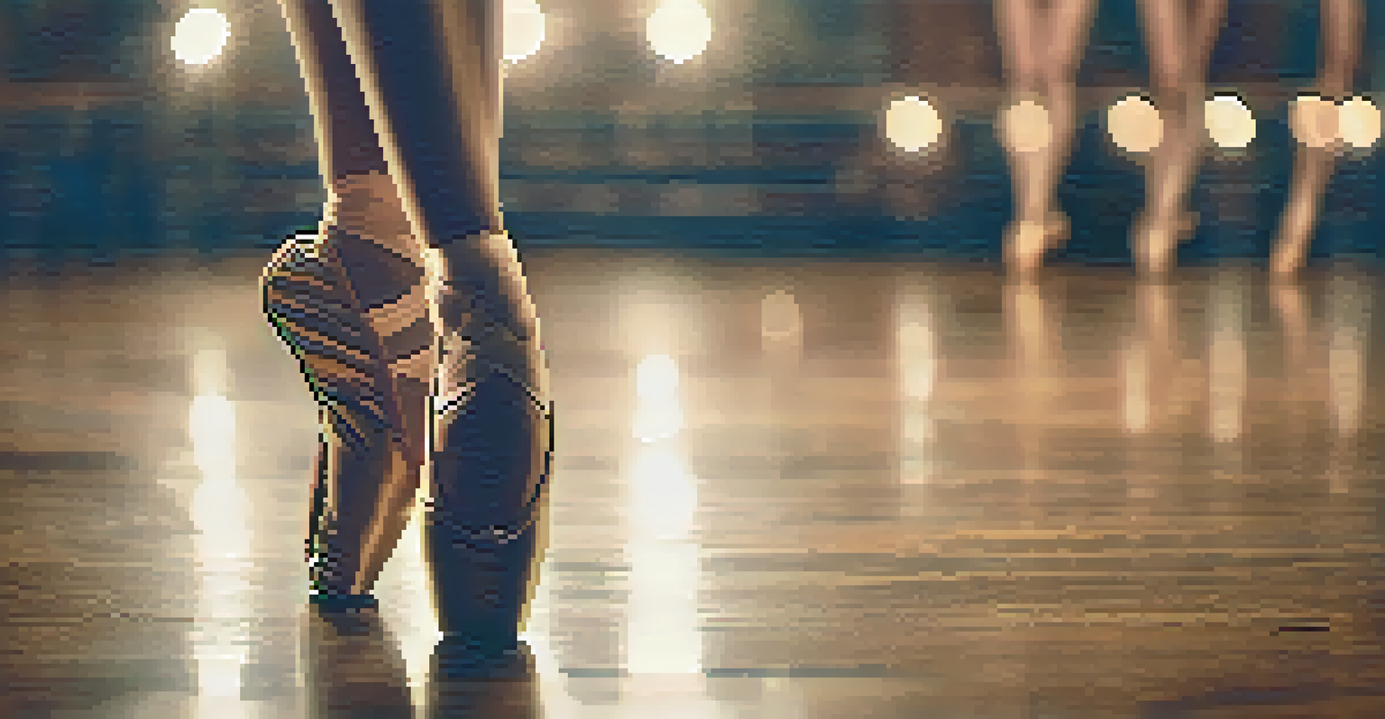 Close-up of a dancer's feet in ballet shoes on a wooden floor, with soft lighting creating a graceful atmosphere.