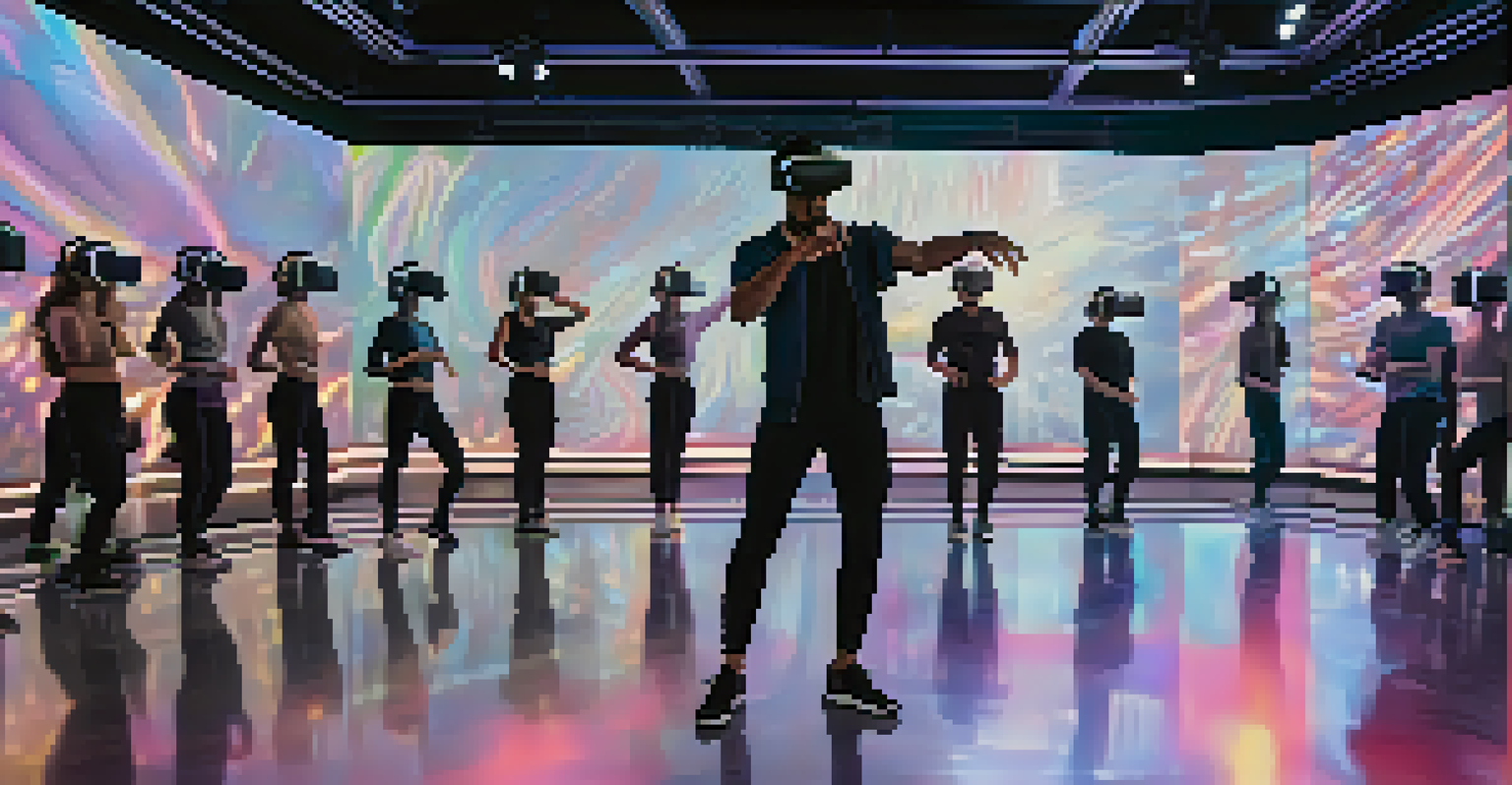 A choreographer using a VR headset in a studio, surrounded by holographic dance movements and a large screen displaying a 3D dance sequence.