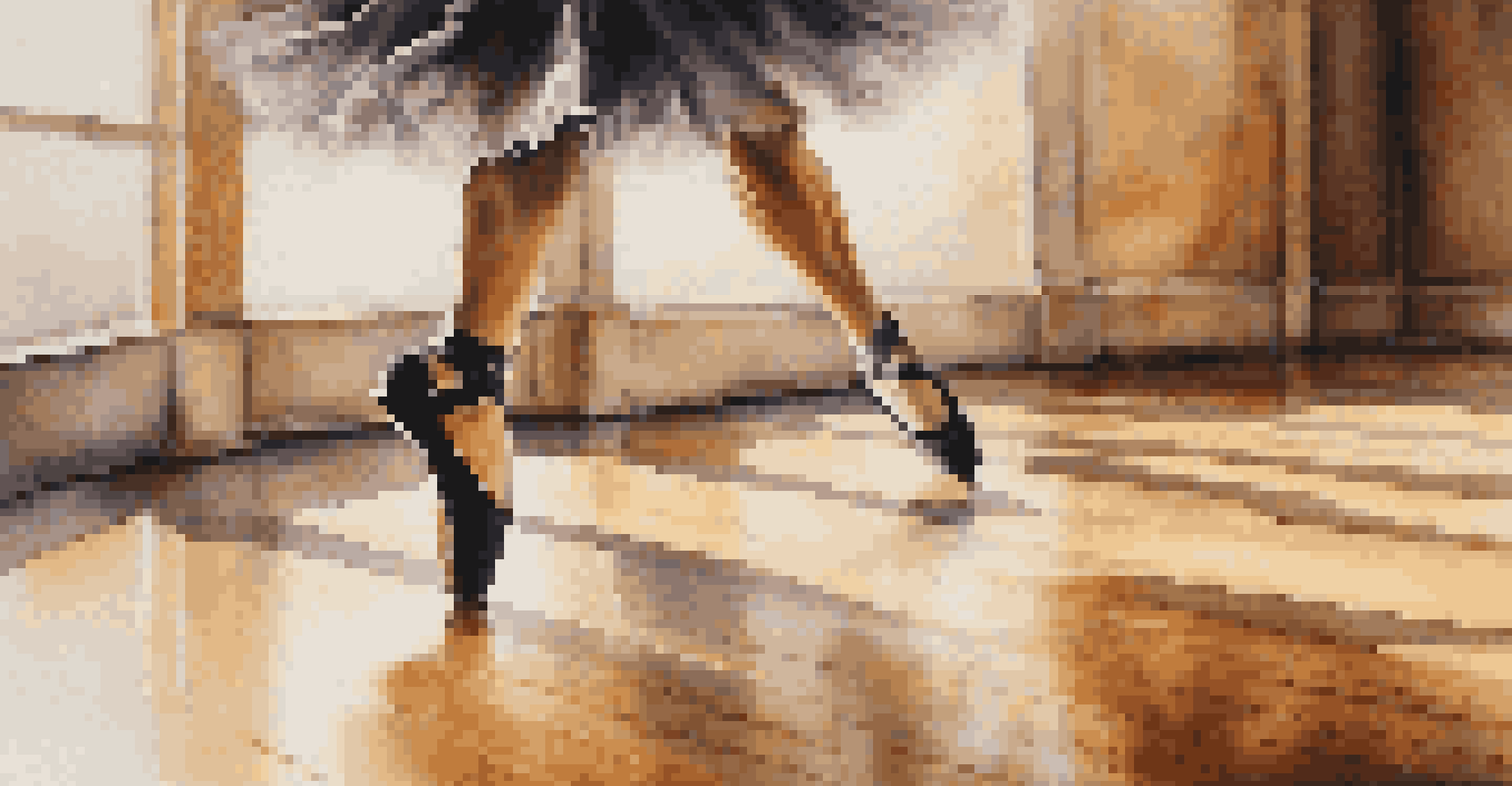 A close-up of a dancer's feet in motion, showcasing elegant footwork on polished wooden floor with a spotlight highlighting the movement.