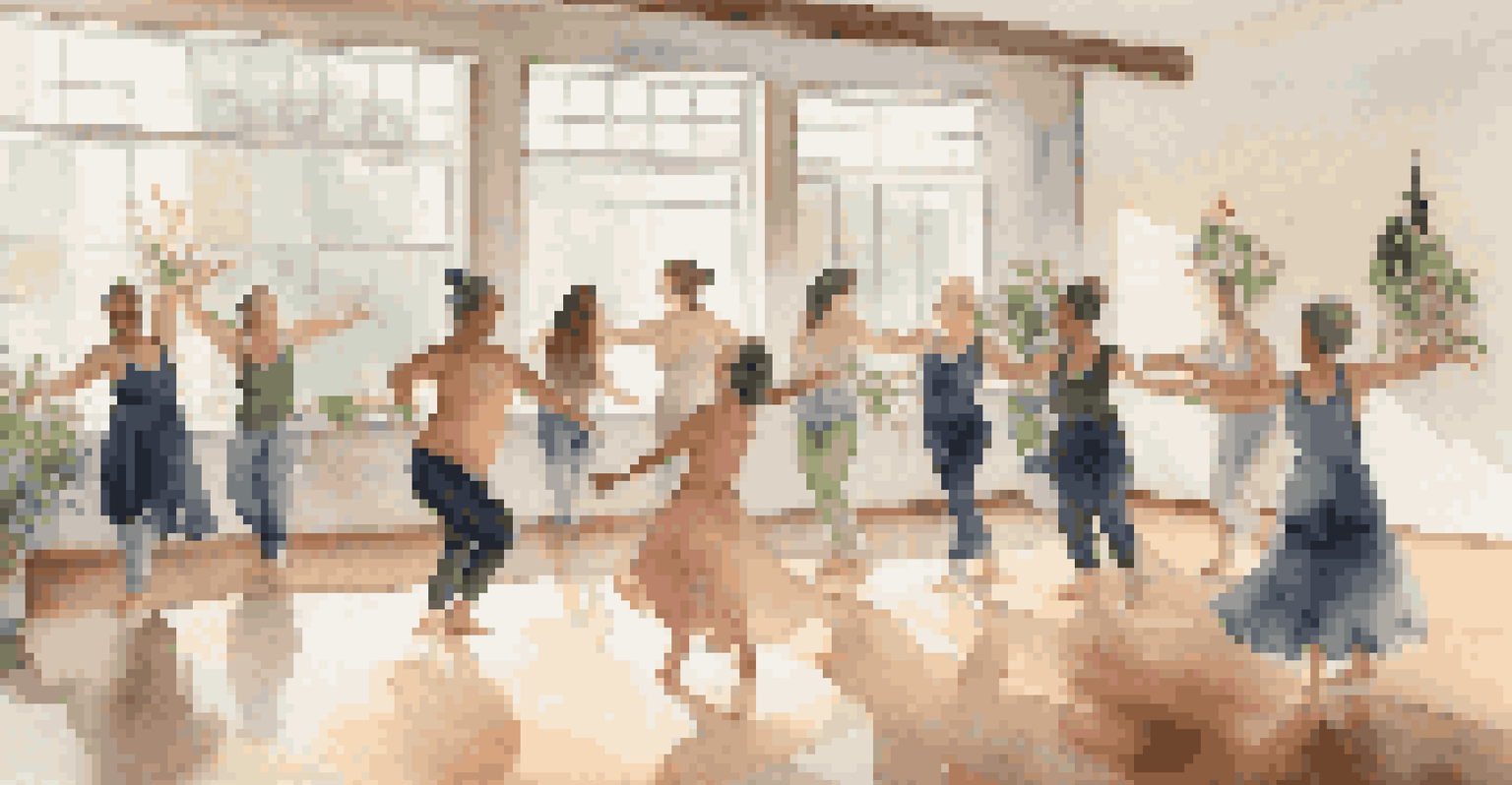 A serene indoor dance therapy session with participants expressing themselves through movement, surrounded by calming decor and soft natural lighting.