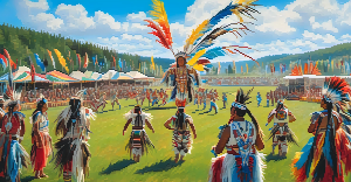 A traditional Native American Powwow with dancers in colorful regalia performing in a green field, surrounded by an audience.