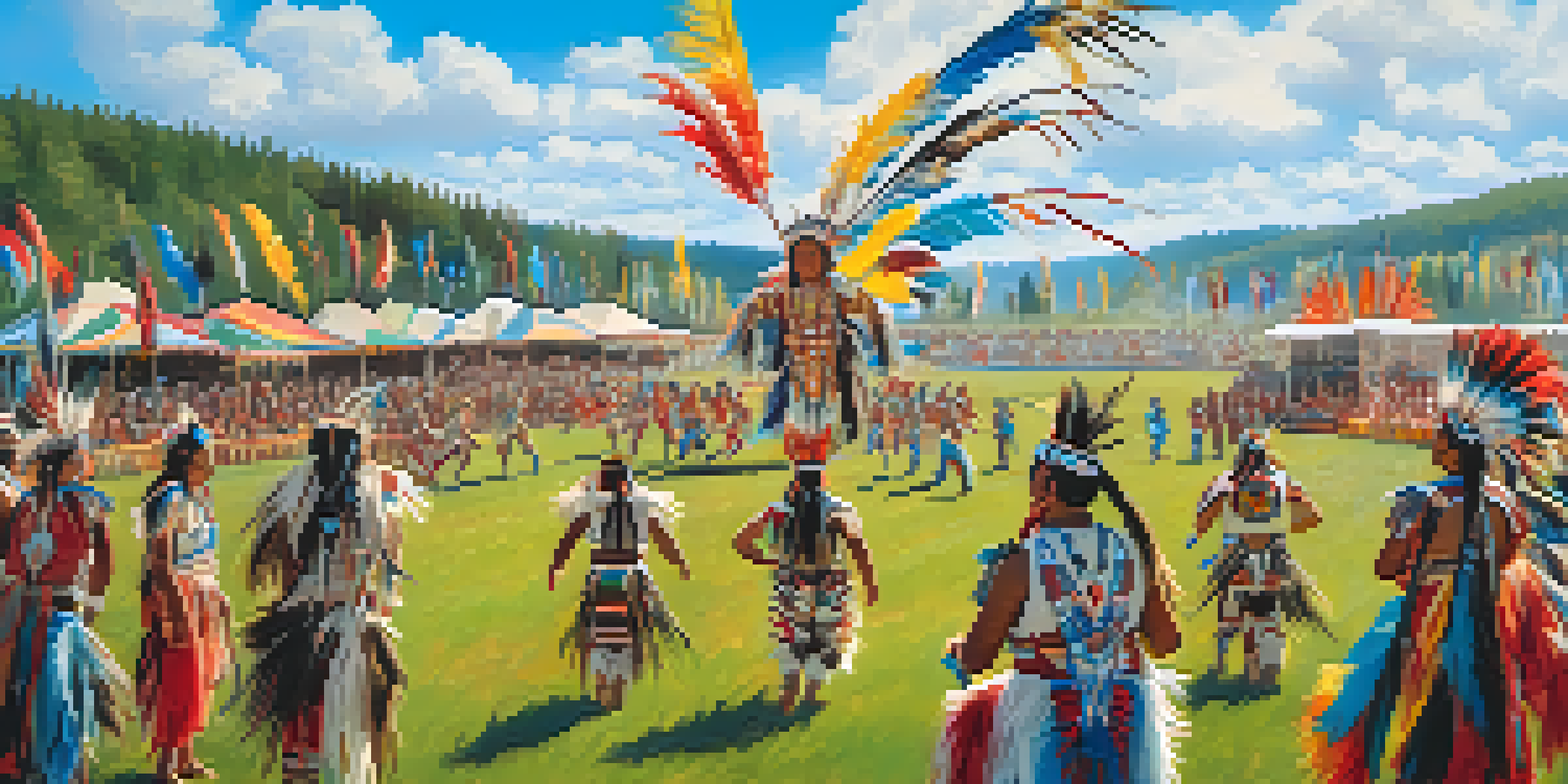 A traditional Native American Powwow with dancers in colorful regalia performing in a green field, surrounded by an audience.