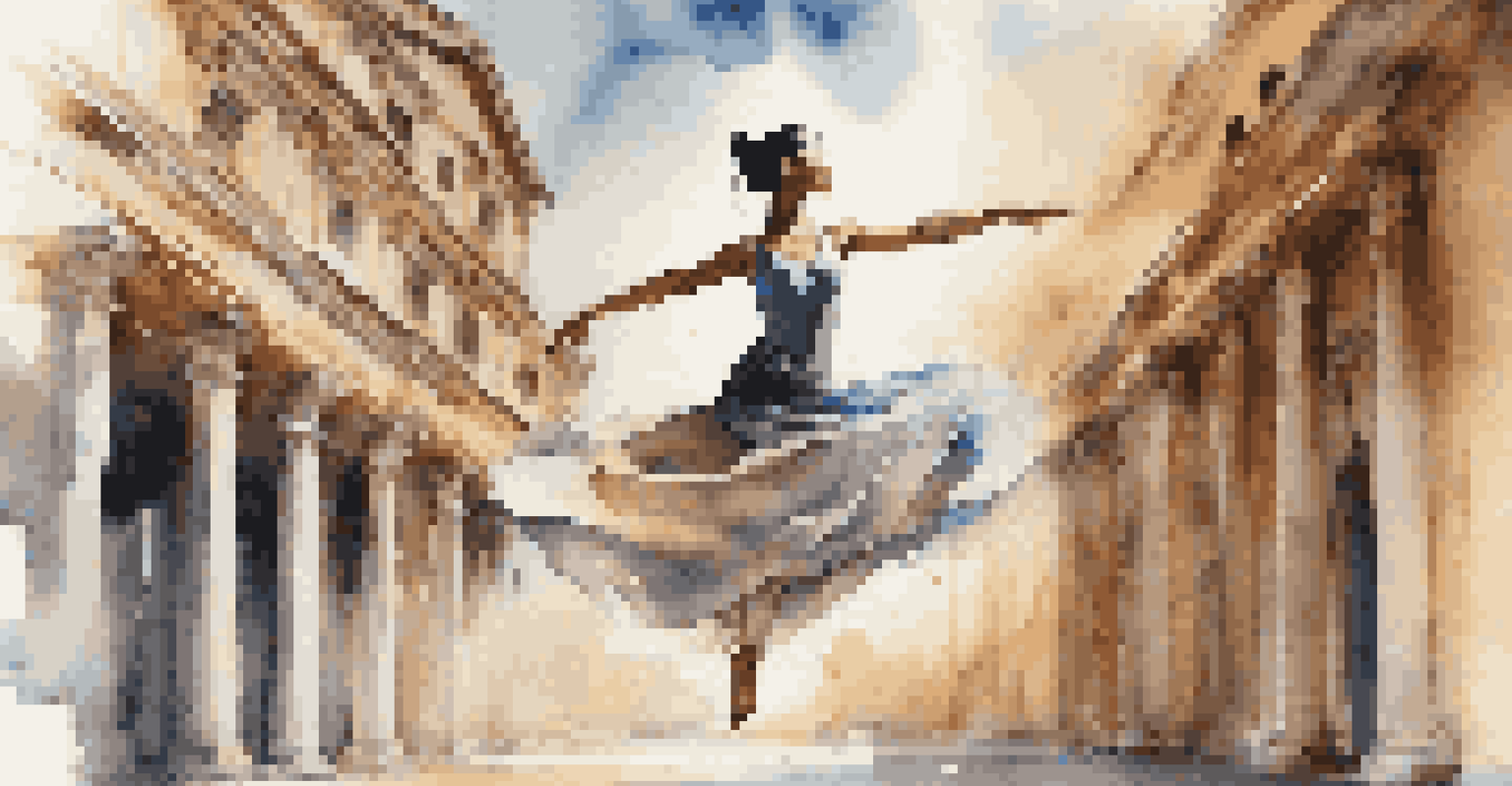 A dancer leaping in mid-air, wearing a blend of classical and modern attire against a backdrop of classical architecture and digital projections.
