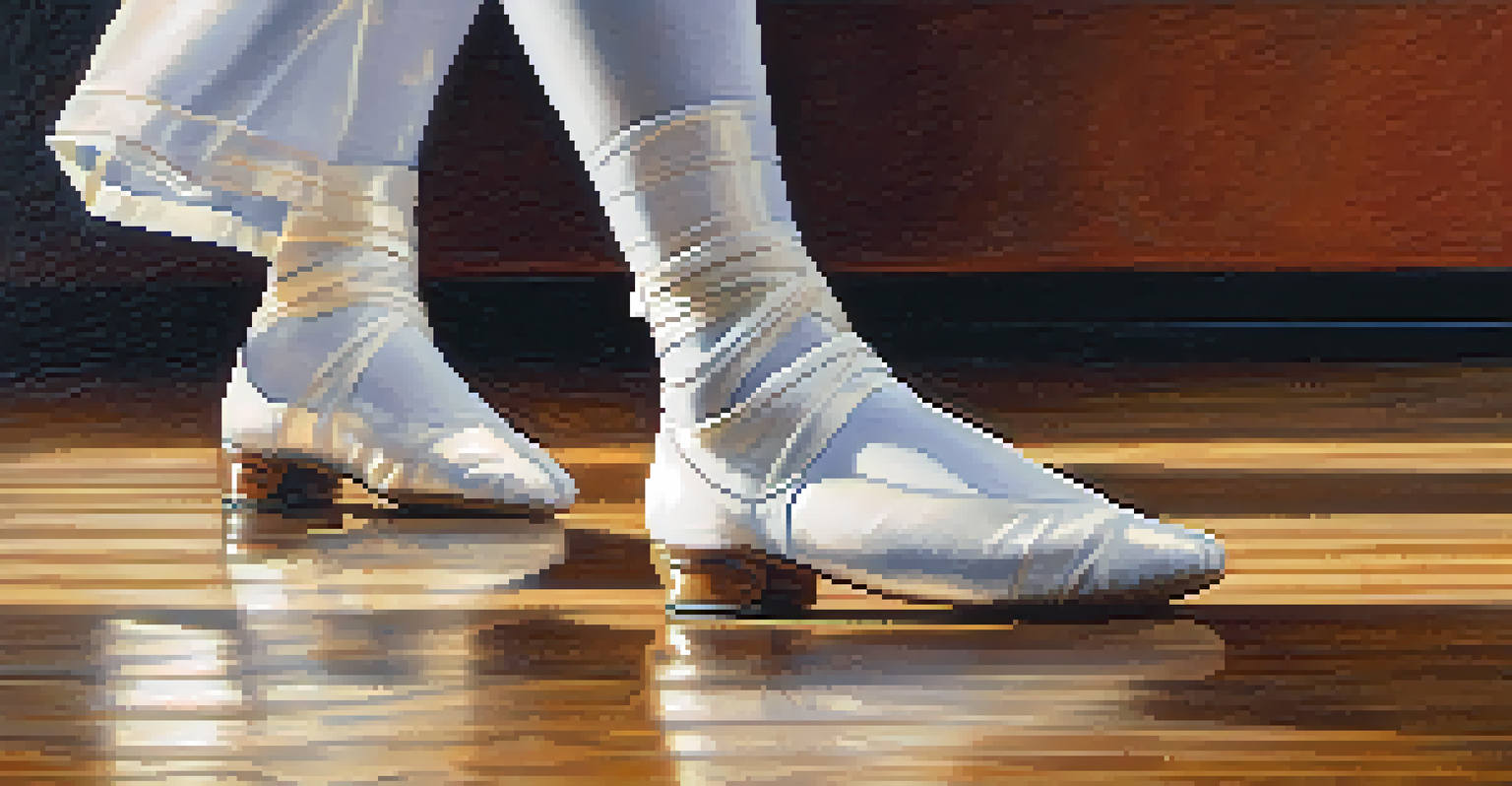 Close-up of a dancer's feet in traditional dance shoes, showcasing intricate footwork on a polished wooden floor.