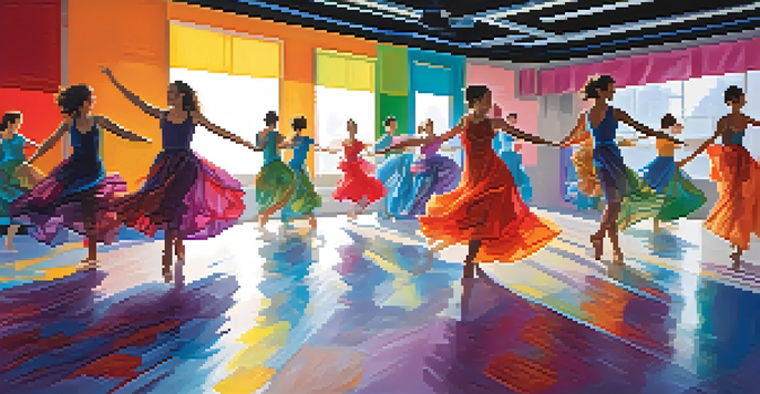 A group of diverse dancers in a colorful studio performing experimental dance, surrounded by abstract art and bright lighting.
