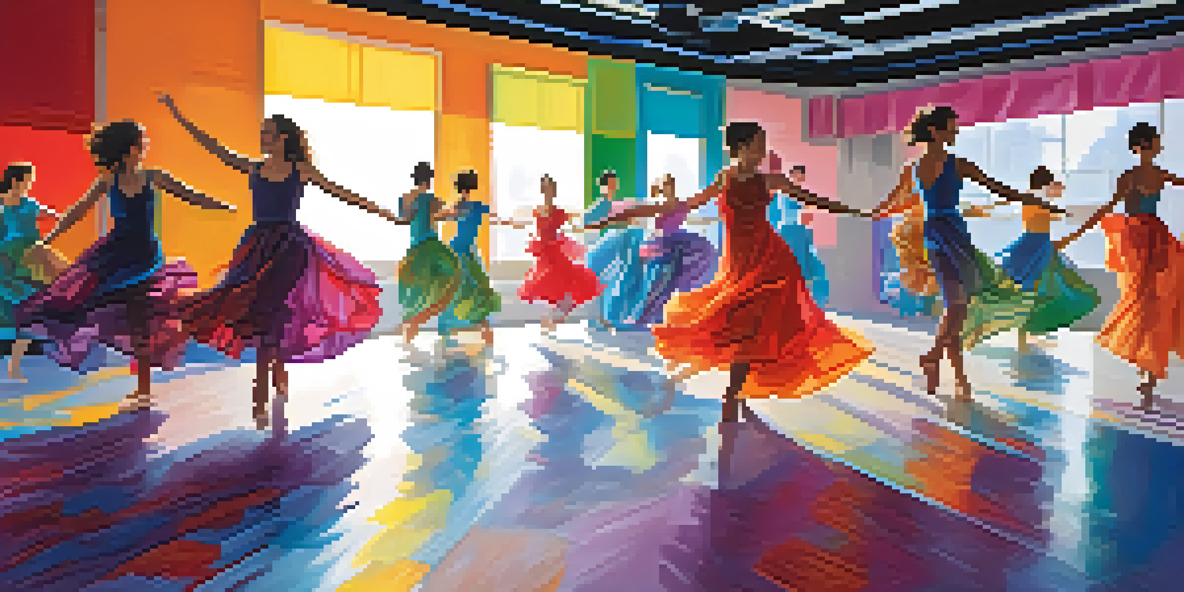 A group of diverse dancers in a colorful studio performing experimental dance, surrounded by abstract art and bright lighting.